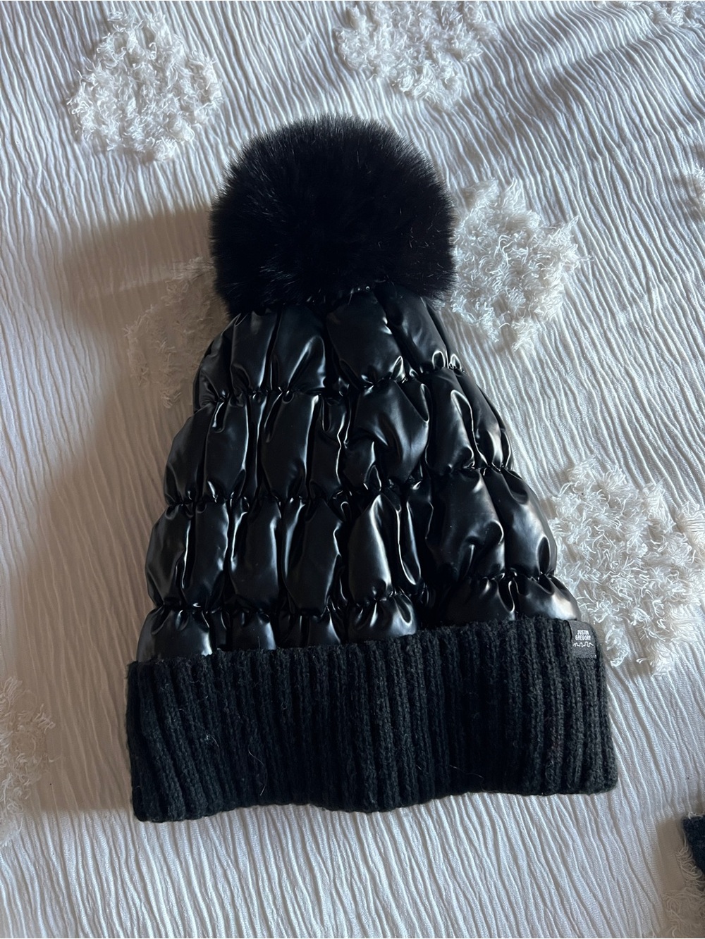 Women’s Black Puffer Pom Beanie Hat
